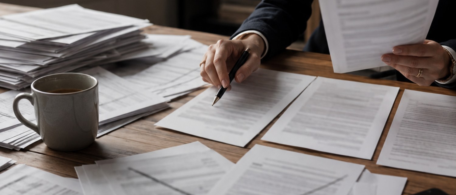 A recruiter at a desk buried in scattered job listings and CVs